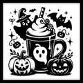 Black and white Halloween-themed graphic design featuring a frothy drink in a mug with a ghost face, surrounded by pumpkins, bats, stars, and a witch hat, on a white background.
