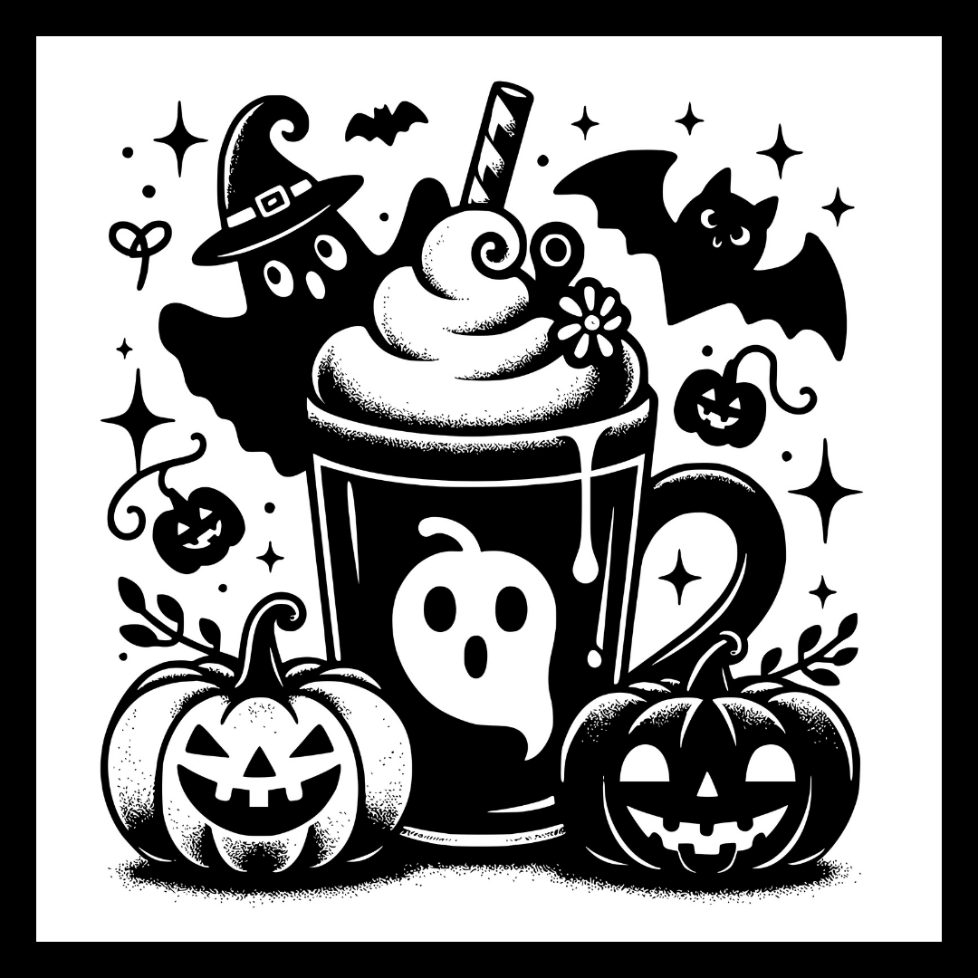 Black and white Halloween-themed graphic design featuring a frothy drink in a mug with a ghost face, surrounded by pumpkins, bats, stars, and a witch hat, on a white background.
