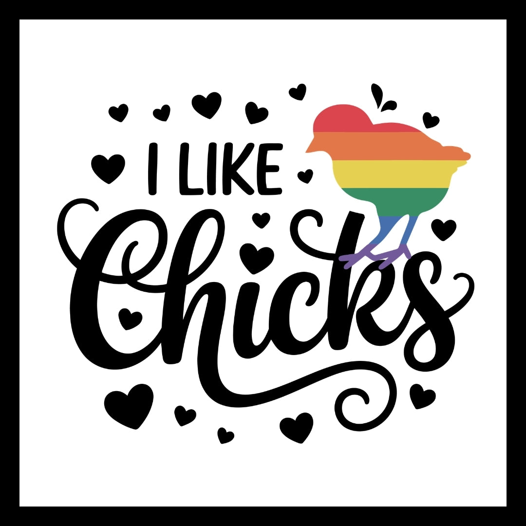 Colorful chick illustration with 'I Like Chicks' in black text on a white background.