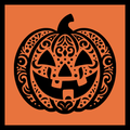 An intricate jack-o'-lantern design in black on a dark orange background.