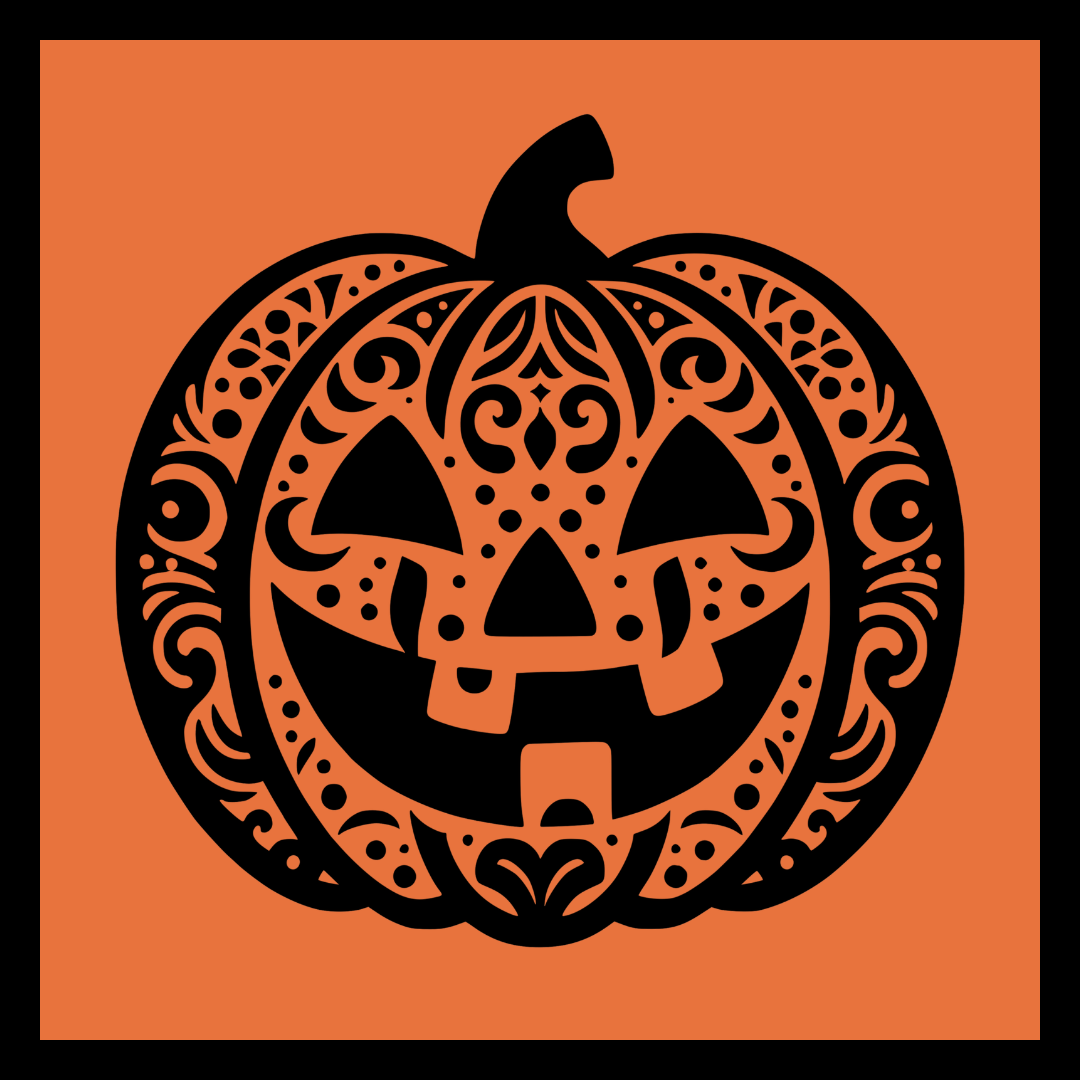 An intricate jack-o'-lantern design in black on a dark orange background.
