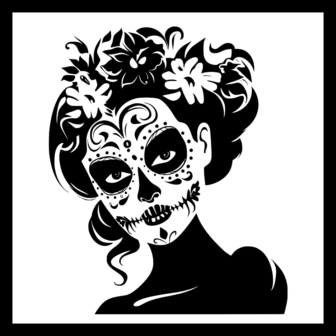 La Catrina Day of the Dead black and white image, on a white background.