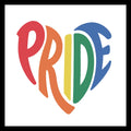 Colorful 'PRIDE' heart-shaped text on a white background.