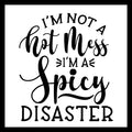 'I'm not a hot mess, I'm a spicy disaster' in black text on a white background.