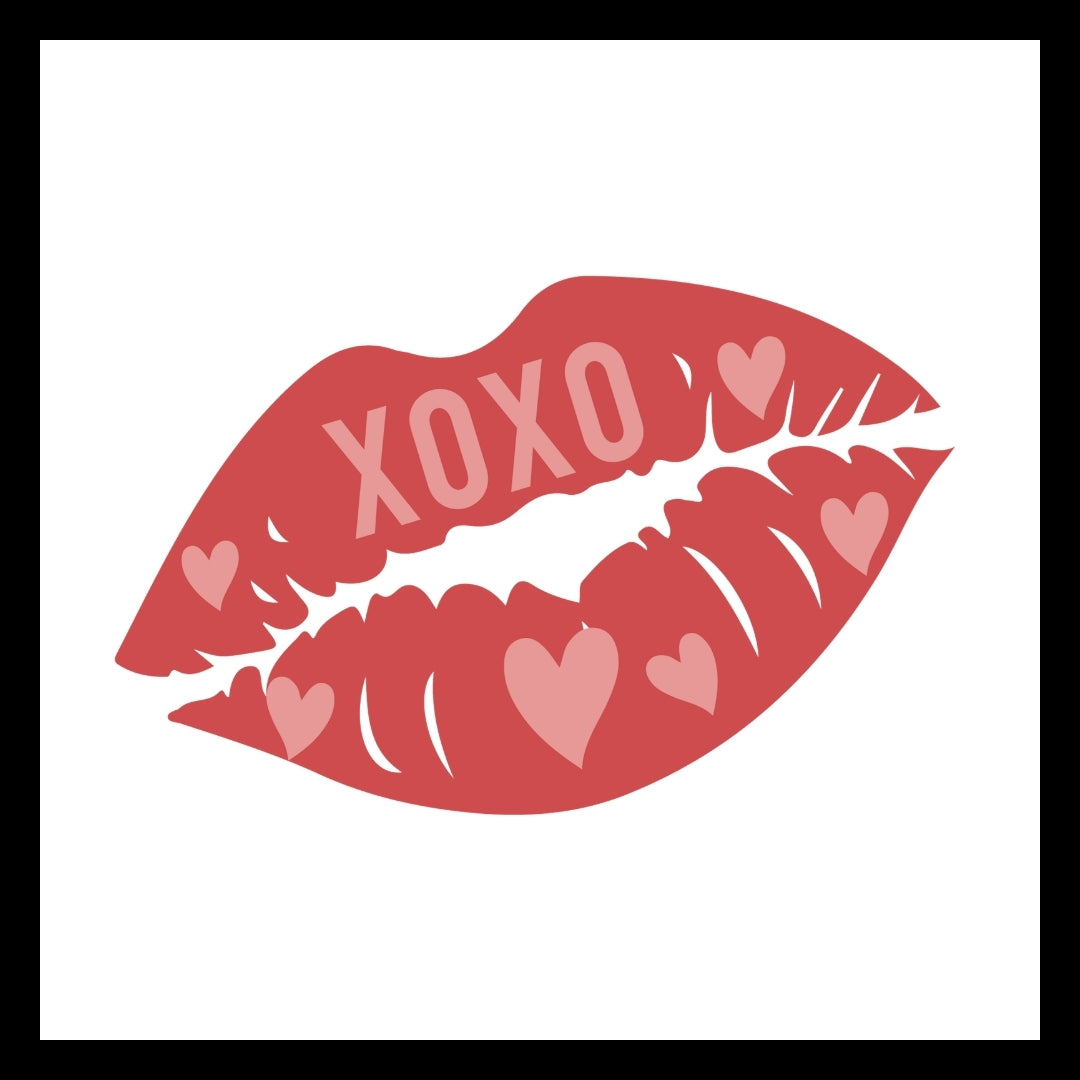 Red lips mage with 'XOXO' in pink text with pink hearts on a white background.