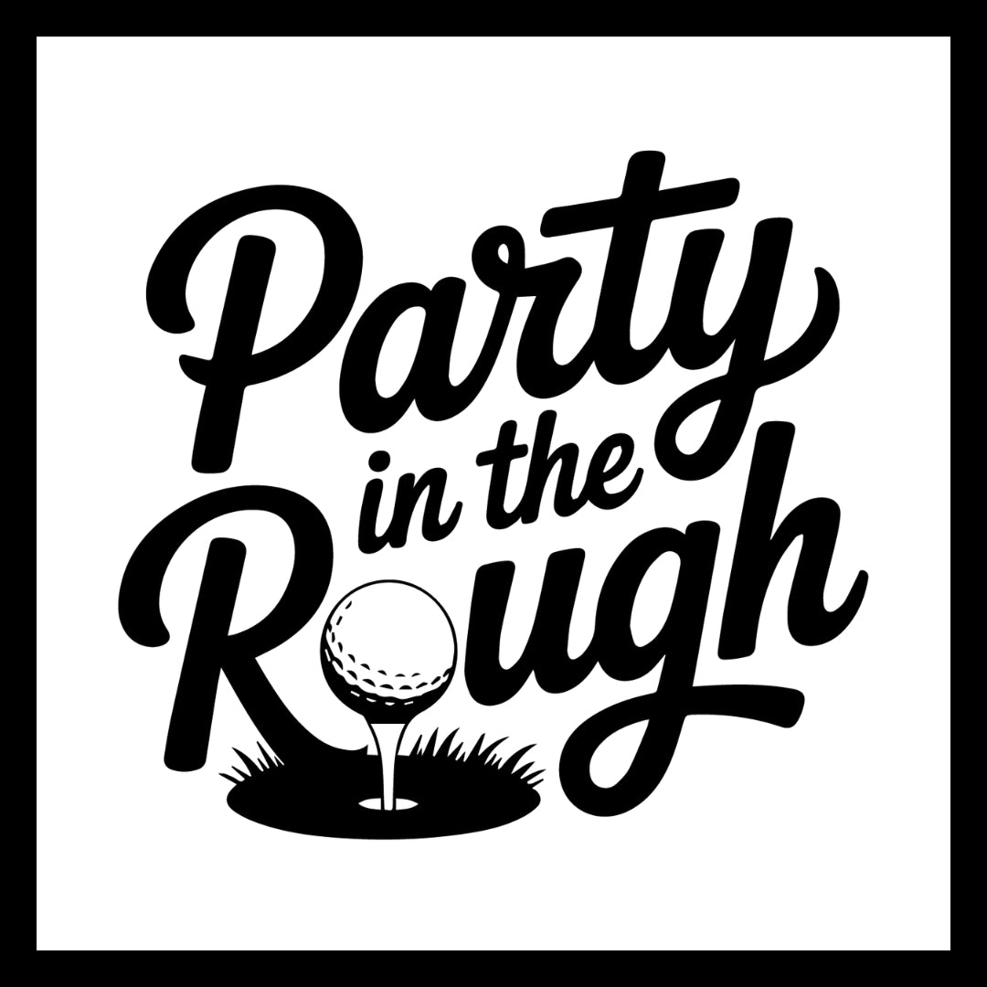 'party in the rough' in black text, with a golf ball on a tee in grass logo, on a white background.