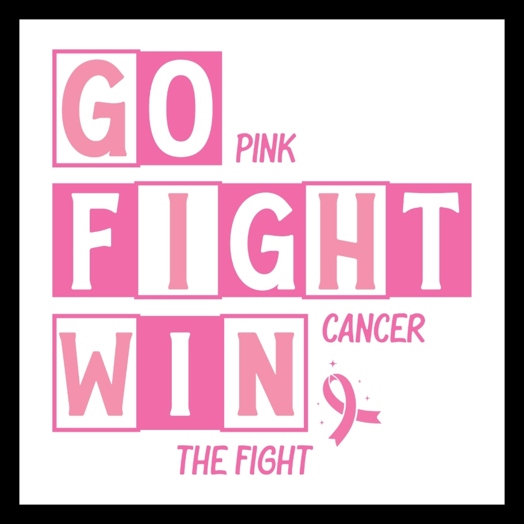 'Go ink, fight cancer, wing the fight' text in various shades of pink, with very tiny pink stars on a white background.