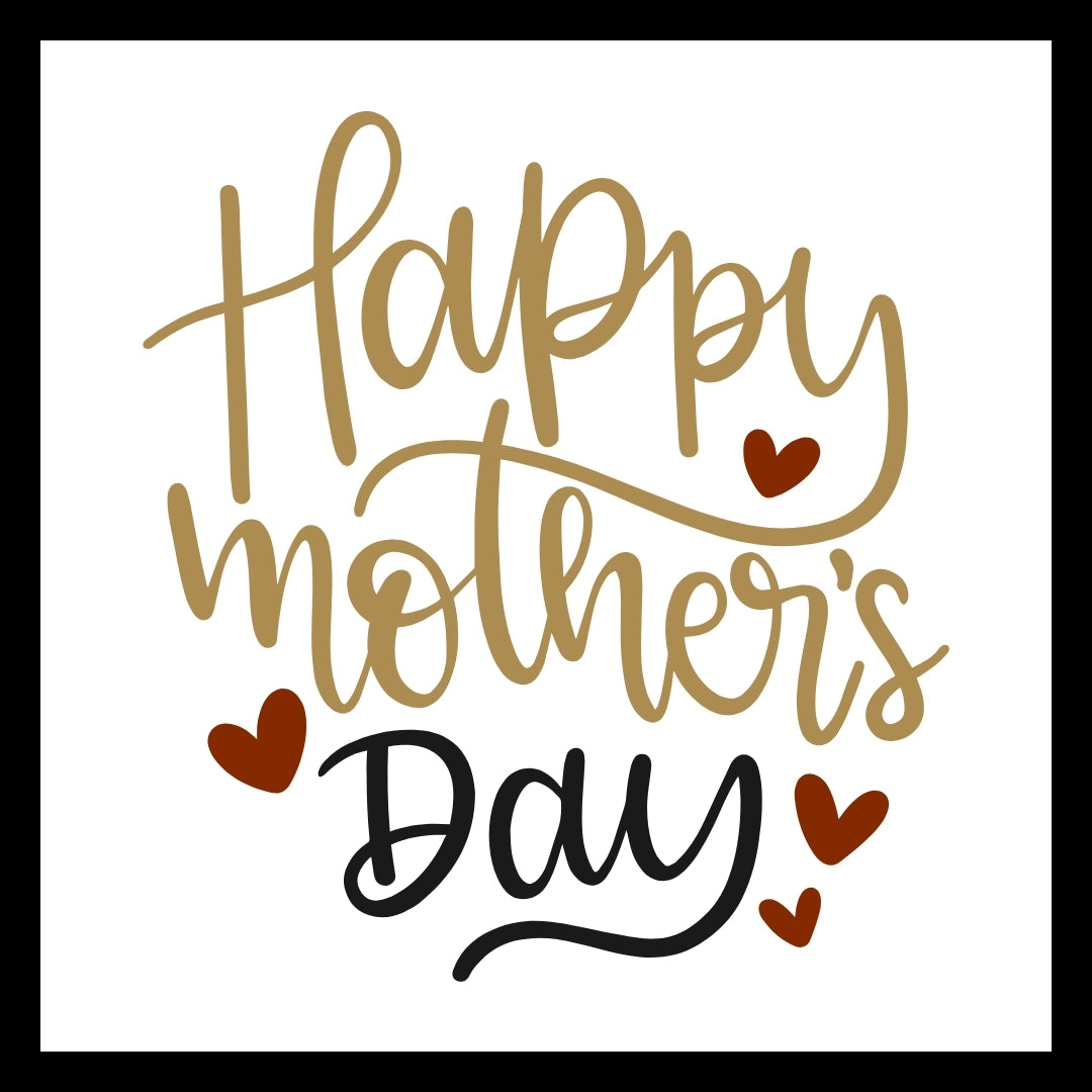 'Happy Mother's Day' in old and black text with red hearts on a white background.