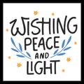 'Wishing Peace and Light' in black text, with decorative yellow stars and blue leaf elements on a white background. 