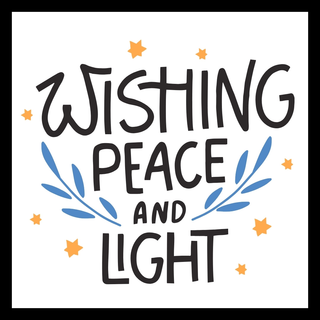 'Wishing Peace and Light' in black text, with decorative yellow stars and blue leaf elements on a white background. 