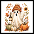 'Cute Fall Ghost' is an image of a fall-inspired off-white ghost, wearing an orange and beige toque/hat and holding a lantern surrounded by multi-colored pumpkins, flowers and decor on a white background.