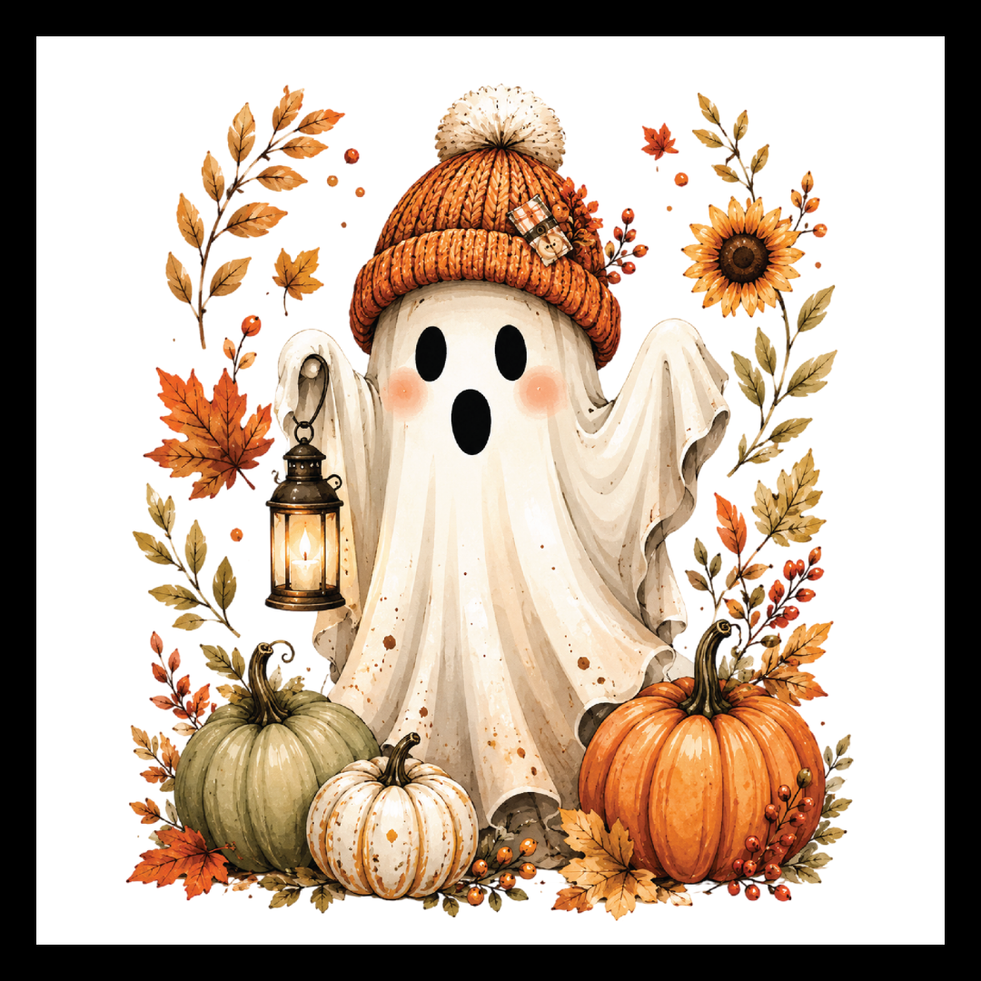 'Cute Fall Ghost' is an image of a fall-inspired off-white ghost, wearing an orange and beige toque/hat and holding a lantern surrounded by multi-colored pumpkins, flowers and decor on a white background.