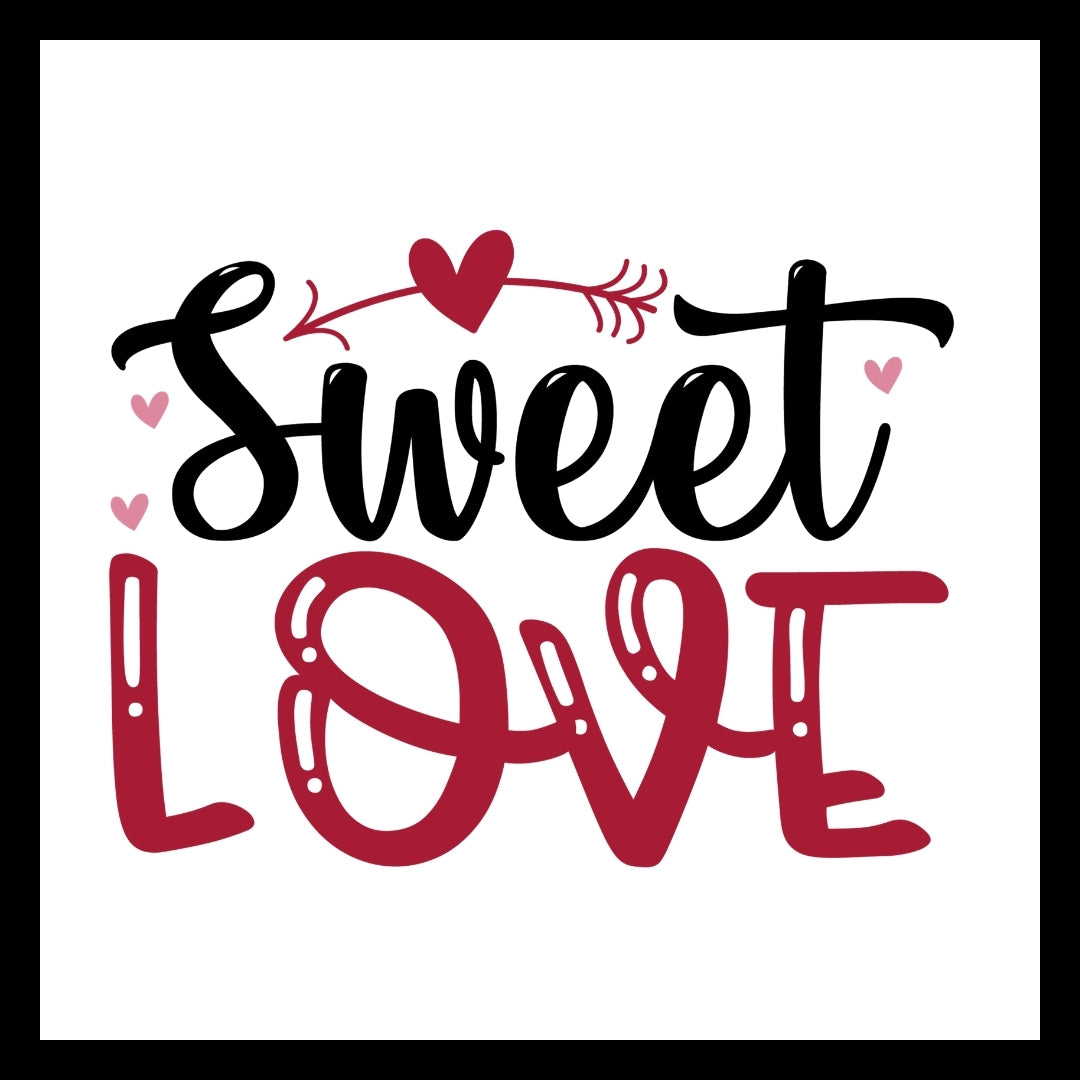 Decorative text 'Sweet Love' in black and red text with red and pink hearts and an arrow on a white background.