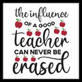 'the influence of a good teacher can never be erased' in black text.  Several red apples, on a white back ground.