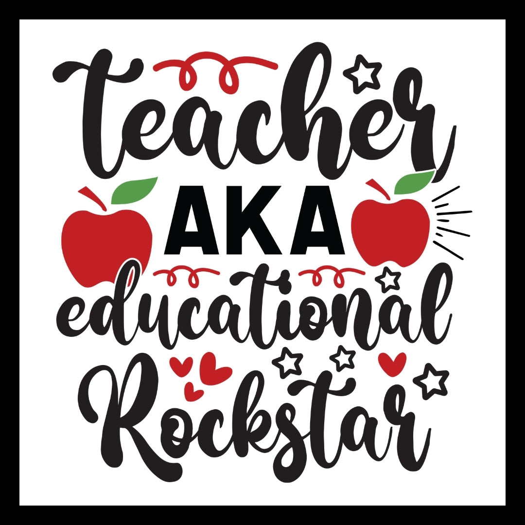 'teacher, aka educational rock star' in black text, with black outlined stars and red apples, on a white background.