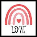 'Rainbow created with stripes of pink over a dark pink heart with the word 'love' in black text, on a white background.