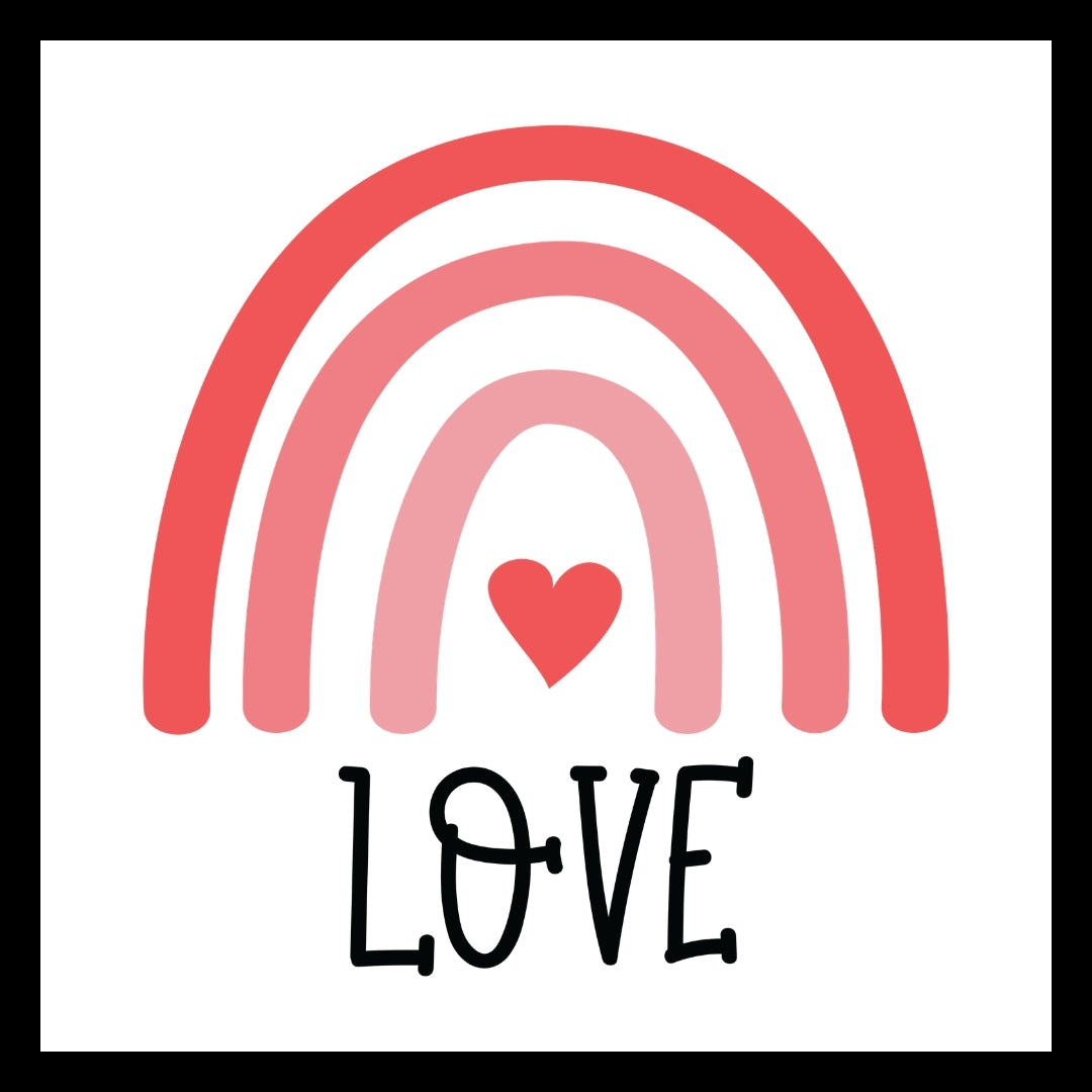 'Rainbow created with stripes of pink over a dark pink heart with the word 'love' in black text, on a white background.