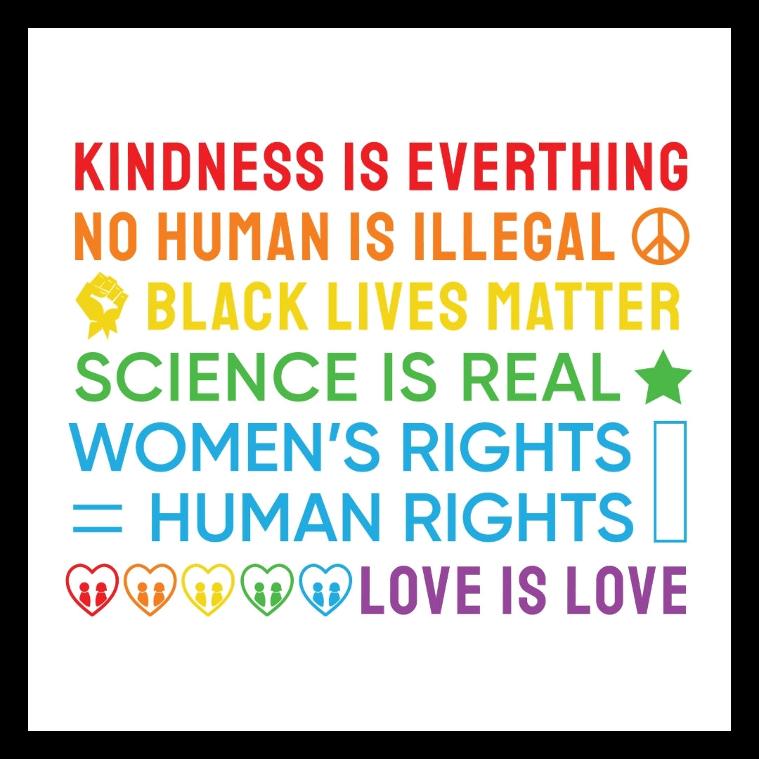 Colorful text poster with social justice statements on a white background