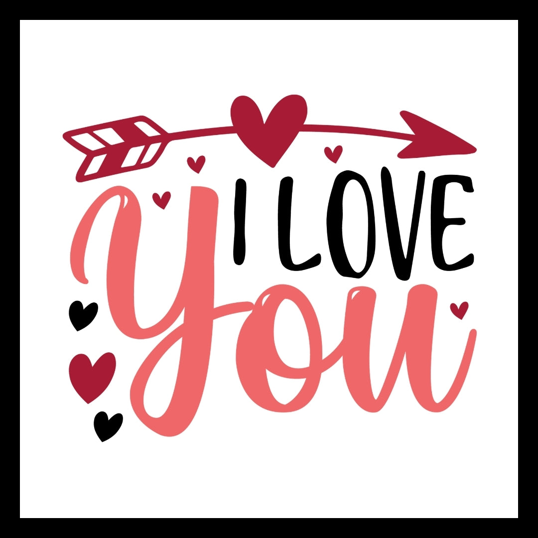 Decorative black and pink text 'I LOVE YOU' with red hearts and an arrow on a white background.