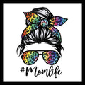 Illustration of a messy bun with a bandana in rainbow colors and sunglasses, featuring '#Momlife' text in black on a white background.