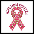 'Wife, mom, fighter' text in fuchsia/pink with a cancer ribbon made up of pink strawberries in different shades of pink, on a white background. 