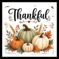 'Thankful' in black text, with images of multi-colored pumpkins and fall decor, on a white background.