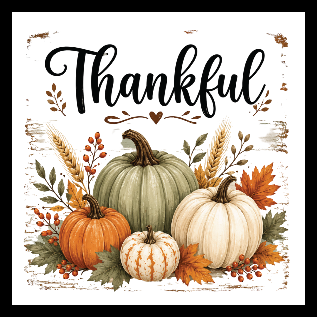 'Thankful' in black text, with images of multi-colored pumpkins and fall decor, on a white background.