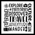 Travel icons such as a camera, suitcase and mountains with vacation-related text (explore, memories, discover) in black text on a white background.