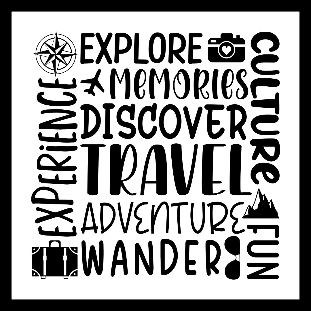 Travel icons such as a camera, suitcase and mountains with vacation-related text (explore, memories, discover) in black text on a white background.