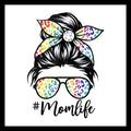 Illustration of a messy bun with a bandana in pastel colors and sunglasses, featuring '#Momlife' text in black on a white background.