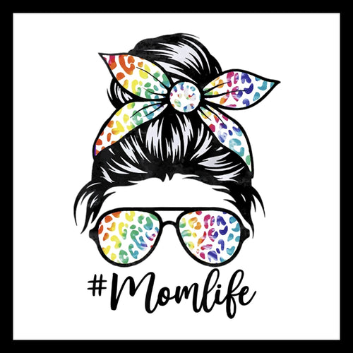 Illustration of a messy bun with a bandana in pastel colors and sunglasses, featuring '#Momlife' text in black on a white background.