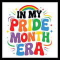 Colorful text 'In My Pride Month Era' with rainbow and stars on a white background