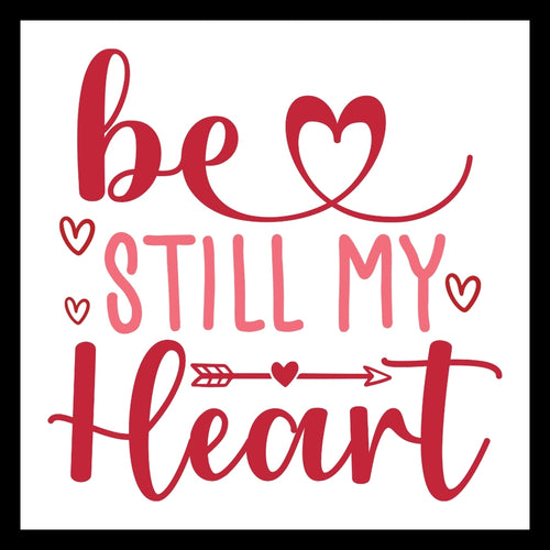 Red and pink text 'be still my heart' with red heart and arrow graphics on a white background.
