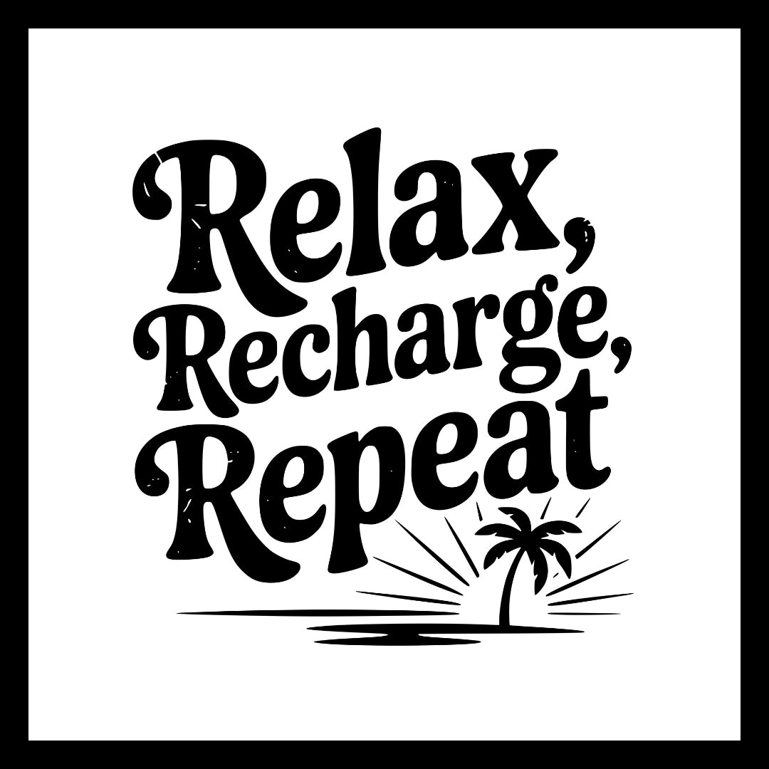 Black text 'relax, recharge, repeat' with a black palm tree image, on a white background.