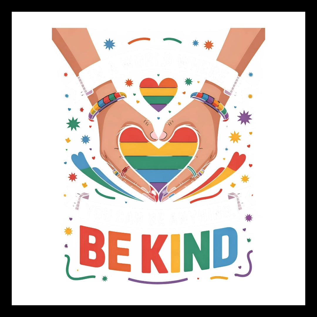 'IN A WORLD WHERE YOU CAN BE ANYTHING, BE KIND' white and multi-colored text with hands making a multi-colored heart, on a white background.