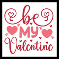 Valentine's Day-themed red and pink text 'be my valentine' with red and pink hearts and arrows on a white background.