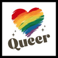 multi-colored heart with black stars with 'queer' in black text on a white background.