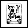 Rectangular upright image of a black and white tropical drink with an umbrella and palm tress by the water with black text 'less wi-fi, more mai-tais' on a white background.