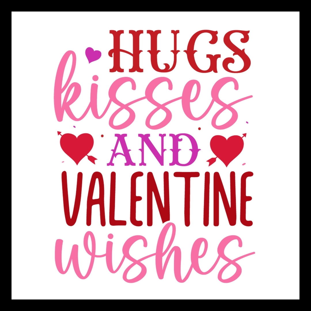 Valentine's Day-themed red and pink text 'hugs, kisses and valentine wishes' with red and purple hearts on a white background.