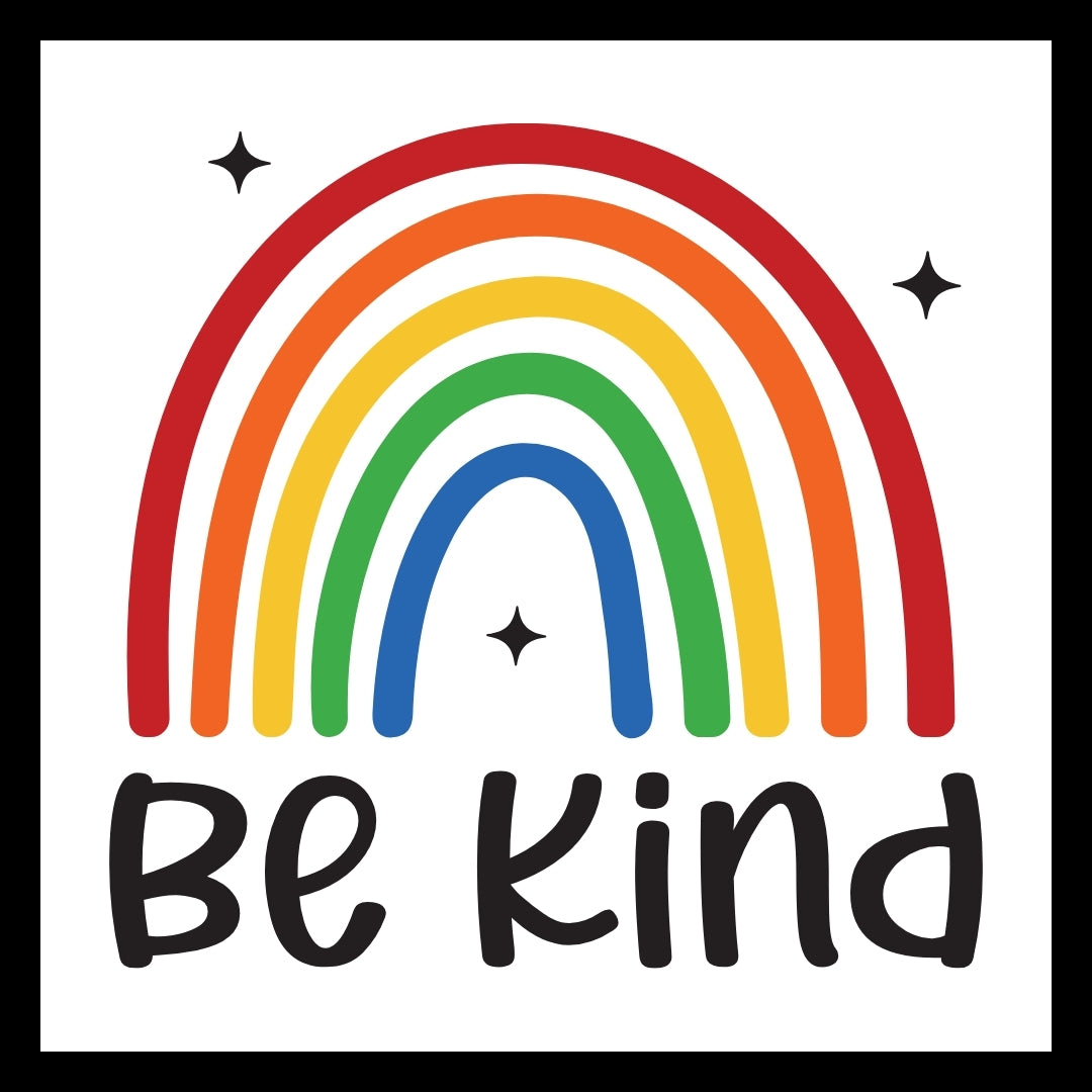 Colorful rainbow with black stars with 'Be Kind' black text on a white background