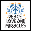 'Peace, love and miracles' in black text with yellow stars and blue leaf elements and a blue menorah on a white background.