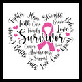 Various words of encouragement and adjectives such as brave, hope, fighter on black text forming a heart with these words, with several pink hearts and a pink ribbon, on a white background.