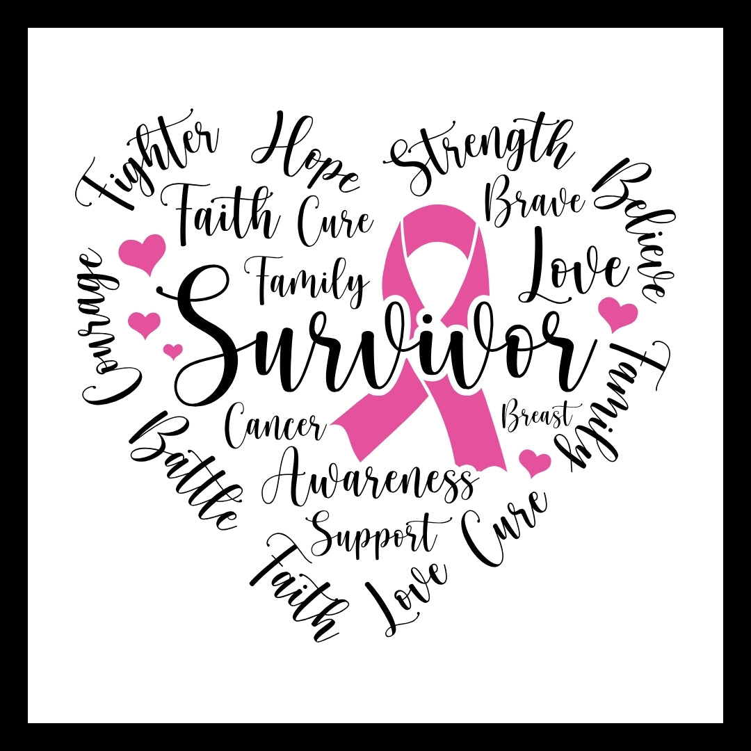 Various words of encouragement and adjectives such as brave, hope, fighter on black text forming a heart with these words, with several pink hearts and a pink ribbon, on a white background.