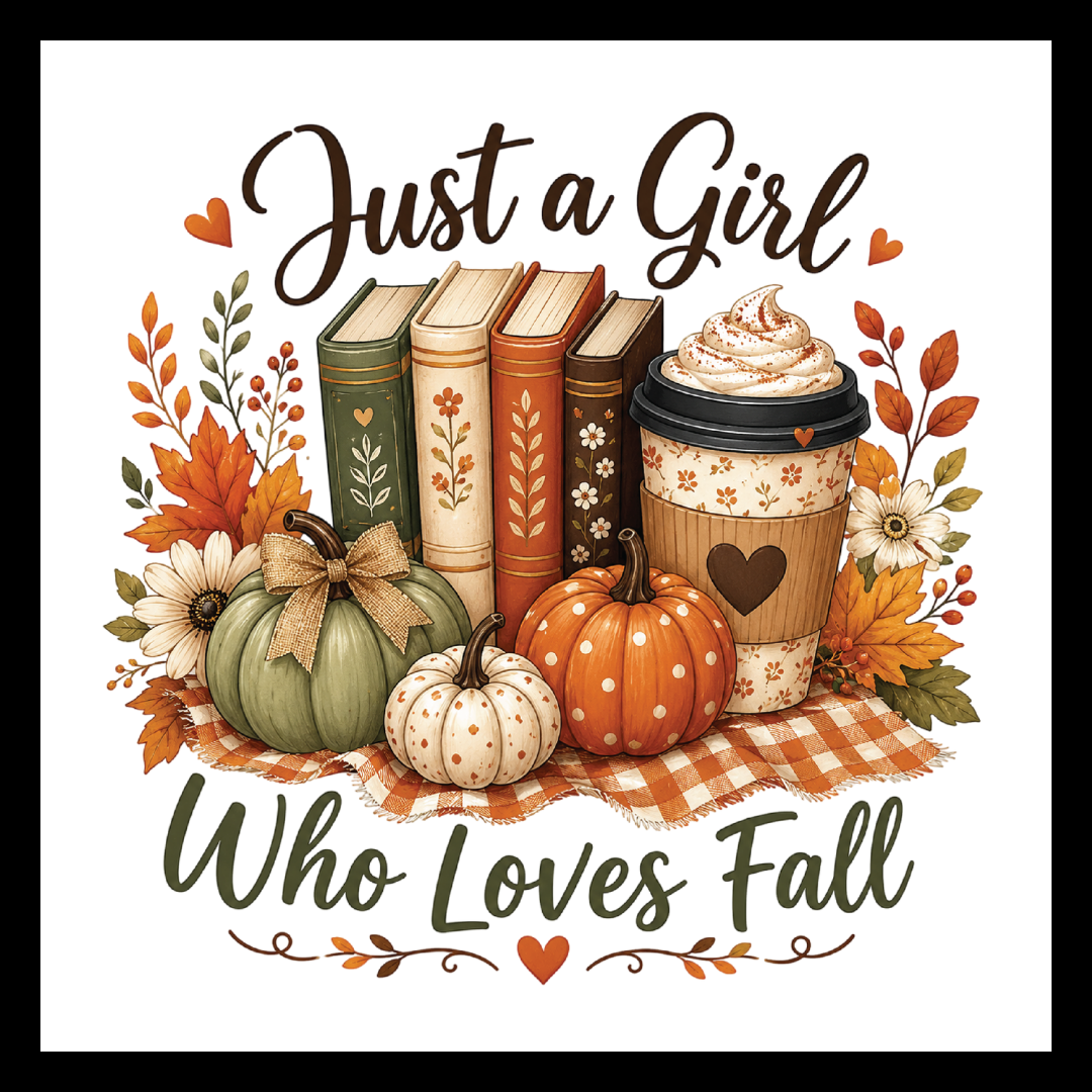 'Just a girl who loves fall' in dark brown and olive green text, with images 4 books and a coffee cup with shipped cream, surrounded by fall decorative flowers and multi-colored pumpkins, on a white background.
