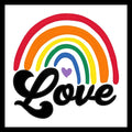 Colorful rainbow with a heart and the word 'Love' in black text on a white background