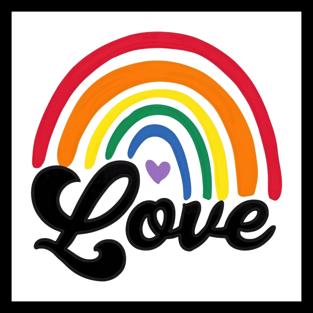 Colorful rainbow with a heart and the word 'Love' in black text on a white background
