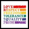 Rainbow-colored text 'love, respect, freedom, tolerance, equality, and pride' on a white background.