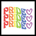 'pride' wavy multi-colored text with purple colored hearts, on a white background.