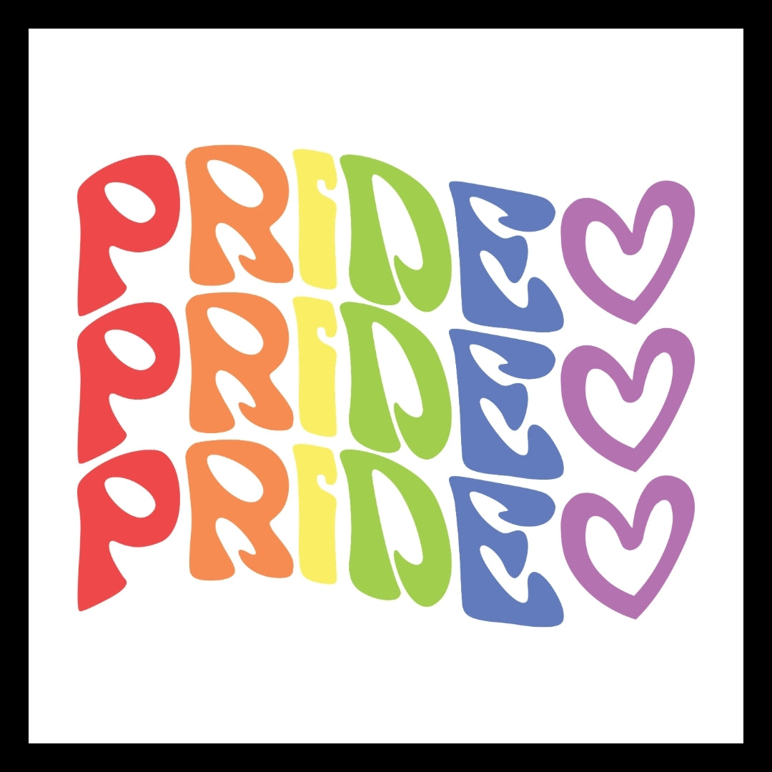 'pride' wavy multi-colored text with purple colored hearts, on a white background.