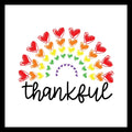 multi-colored hearts creating a rainbow with the word 'thankful' in black text on a white background.